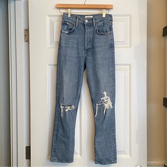 Agolde Riley High Rise Ripped Knee Revolve Straight Crop Distressed Jean Size 23 - Picture 4 of 7